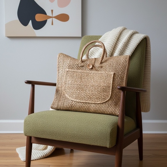 Vtg WOVEN Bag Rare Wicker Briefcase Satchel Button Leather Strap Colored Panels - Picture 2 of 11